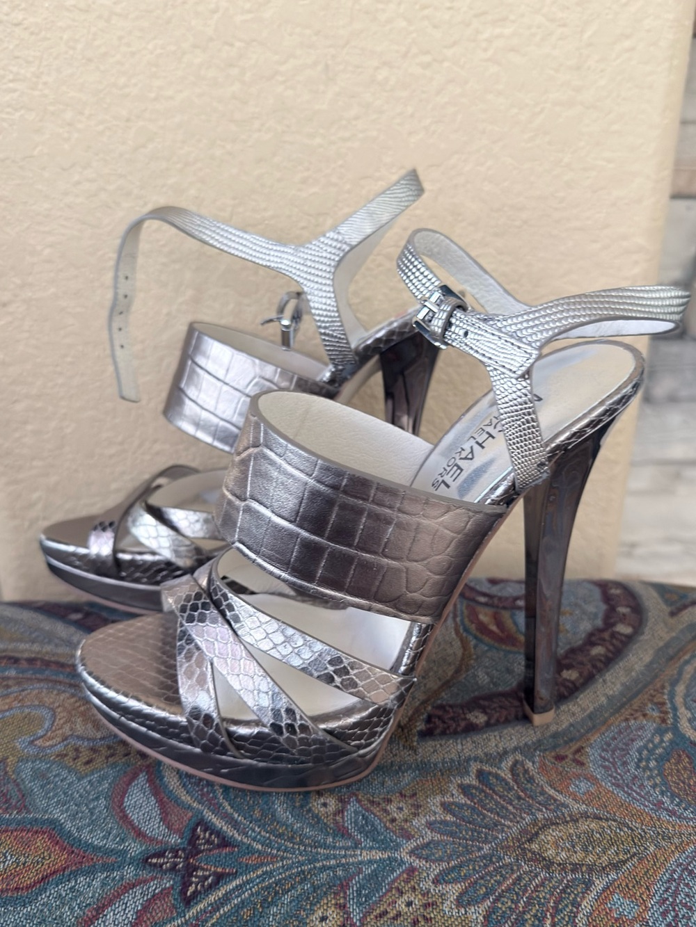 Michael Kors Metallic Silver Croc-Textured Stiletto Sandals
